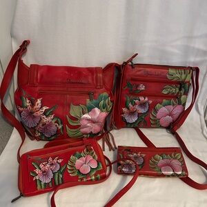 Anuschka Red and Green Floral Crossbody Bag Set